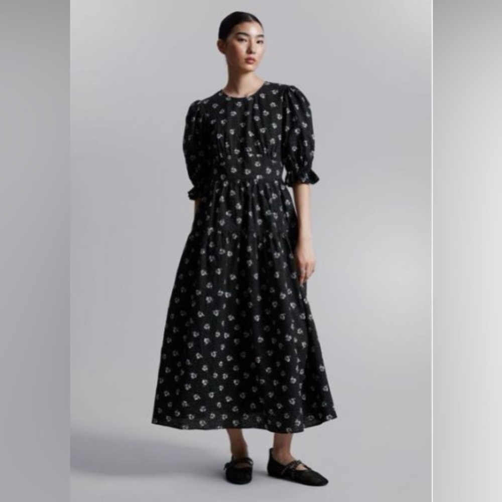 & Other Stories Black Print Puff-Sleeve MIDI Dress